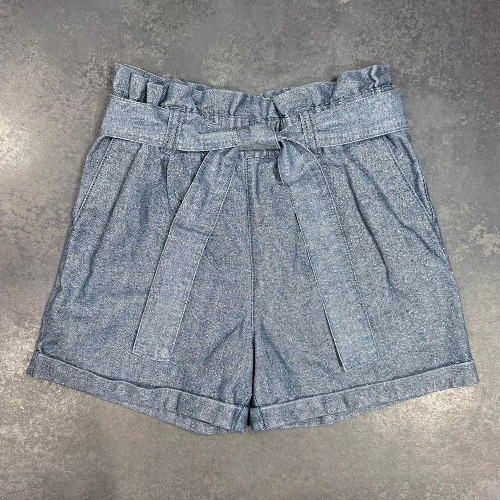 Guess Girls 8 Metallic Paperbag Waist Chambray Shorts Tie Belt Cuffed Hem